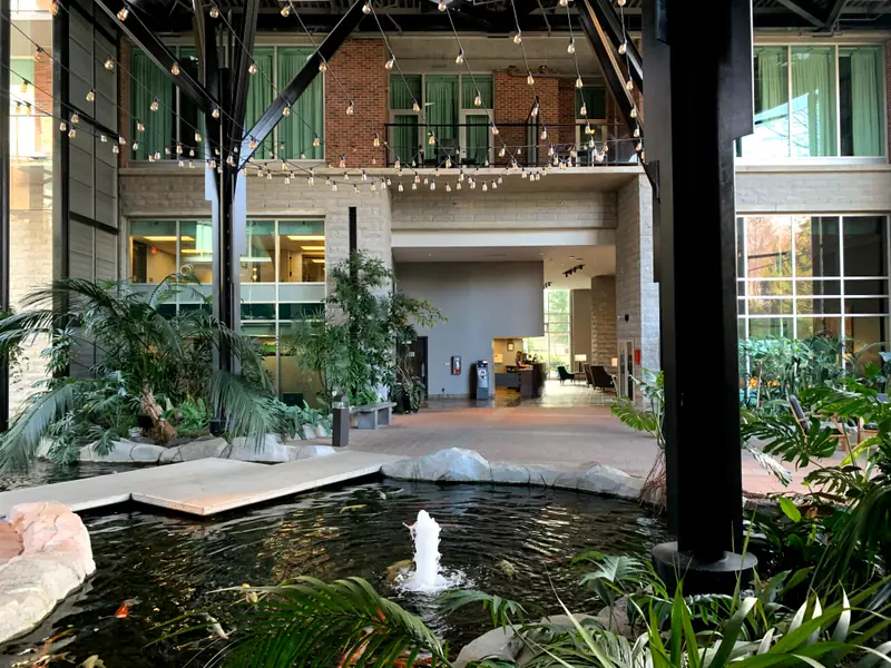 The Parkside atrium with its koi pond and fountain