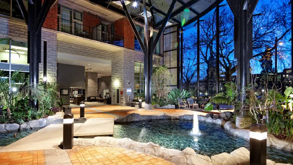 The Parkside atrium lit up at night